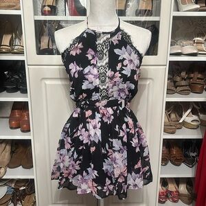 LF Paper Heart Floral Halter Romper with Lace Detail